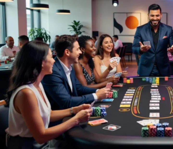 Grupa gości bawiących się przy stole blackjackowym