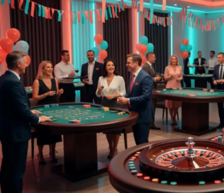 Jasno oświetlona strefa Casino Night z eventowym stołem i kolorową oprawą