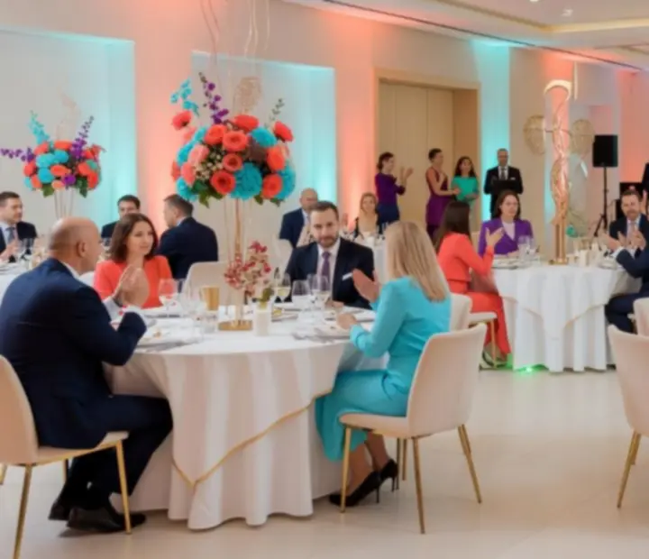 Kolorowa scenografia i uczestnicy integrujący się przy stołach eventowych