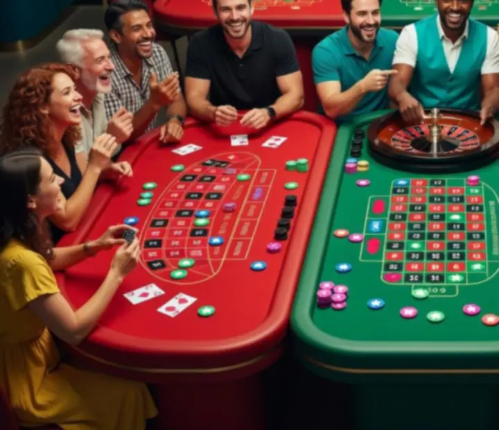 Kolorowe stoły pokerowe, ruletka i blackjack przygotowane na event ADSIGHT LTD