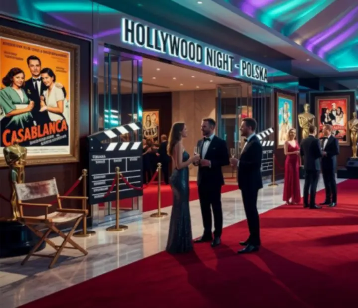 Eventowa sala z czerwonym dywanem i światłami w stylu Hollywood