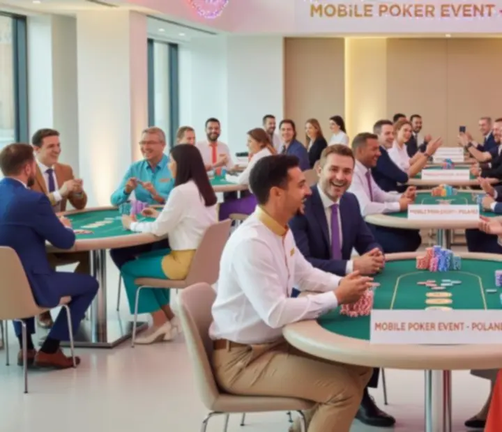 Kolorowy stół pokerowy podczas eventu ADSIGHT LTD z uśmiechniętymi uczestnikami