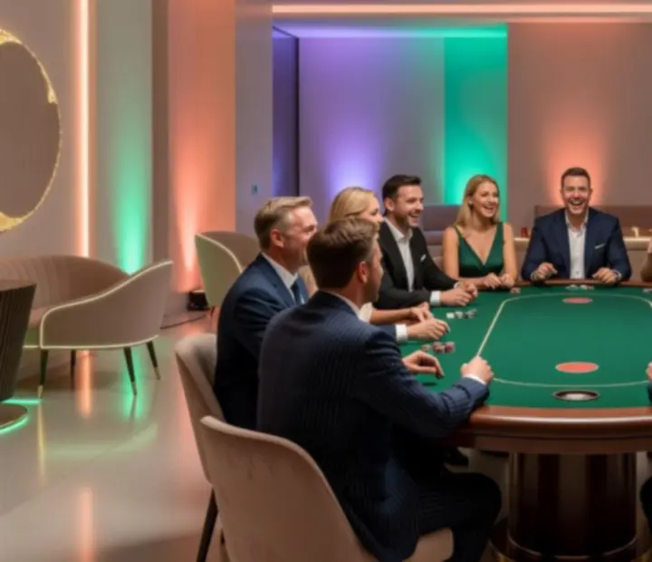 Kolorowy stół pokerowy podczas eventu ADSIGHT LTD z gośćmi przy stoliku