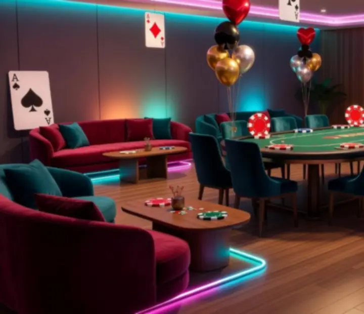 Scenografia pokerowa z kolorowym oświetleniem i strefą relaksu