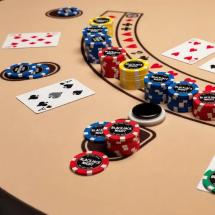 Symboliczne żetony i karty używane podczas blackjacka eventowego